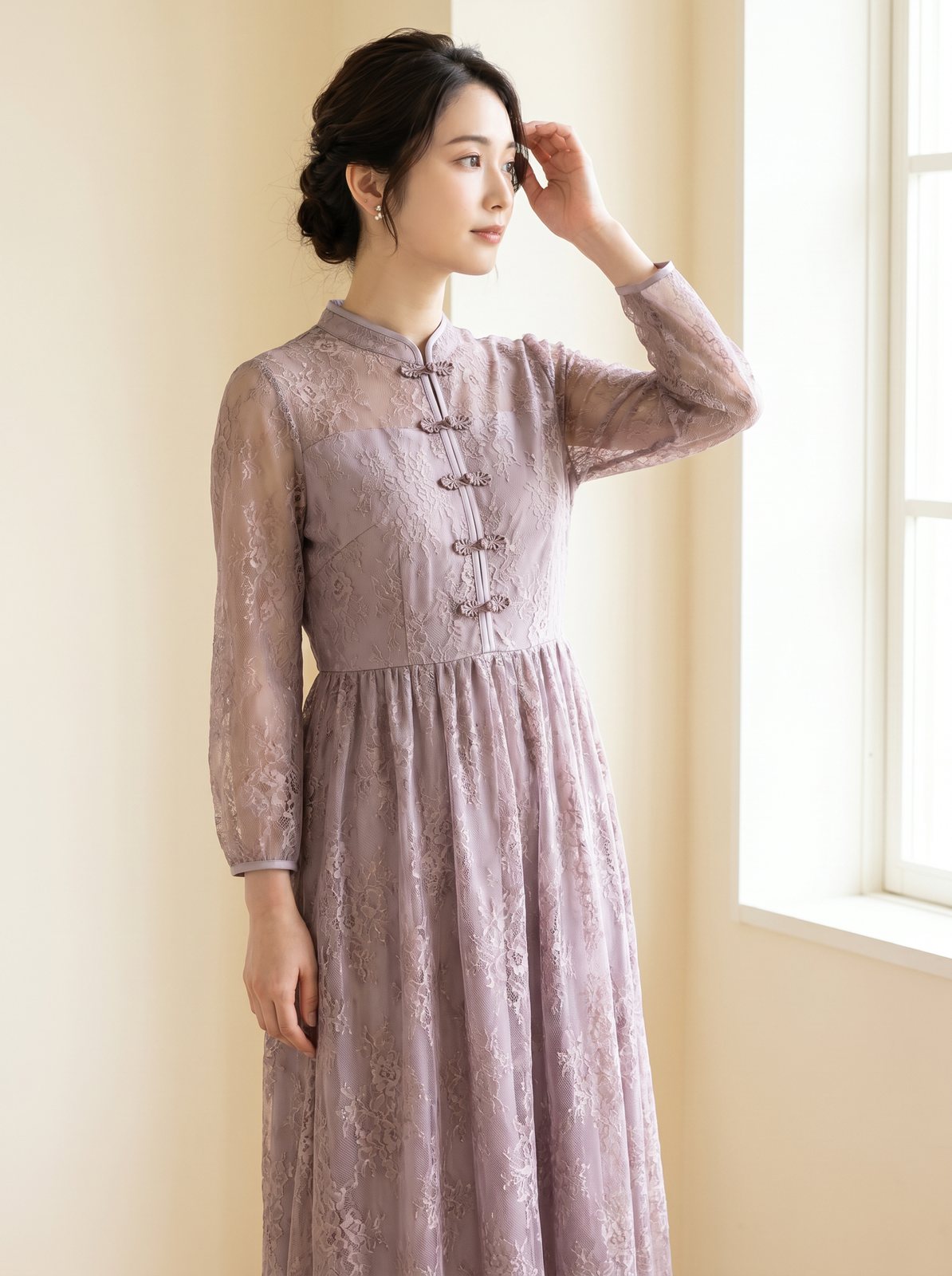 スタンドカラー総レース パーティードレス（パープル系・Lサイズ）| 名古屋のレンタルドレス24DRESS
