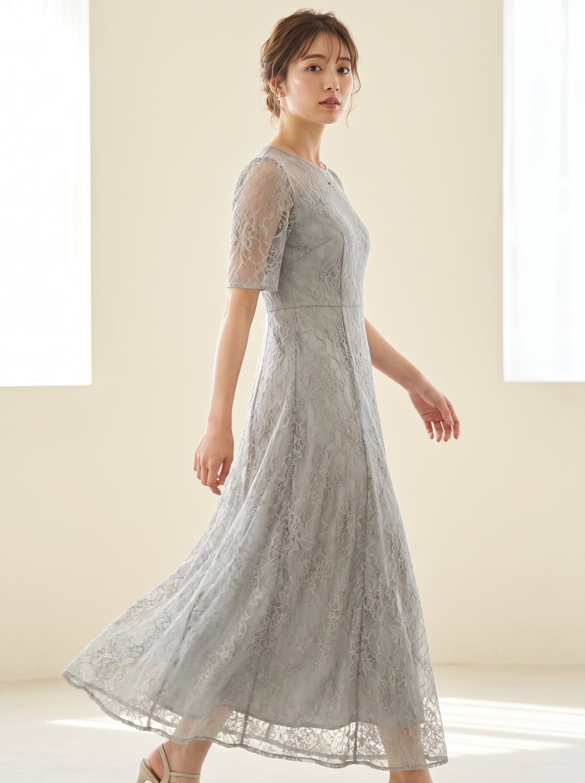総レース フレアロングワンピース(ネイビー・ブルー系・Lサイズ)| 名古屋のレンタルドレス24DRESS