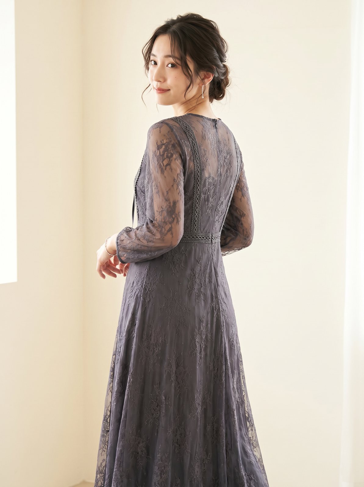 シアースリーブ総レース ロングドレス（ネイビー・ブルー系・XLサイズ）| 名古屋のレンタルドレス24DRESS