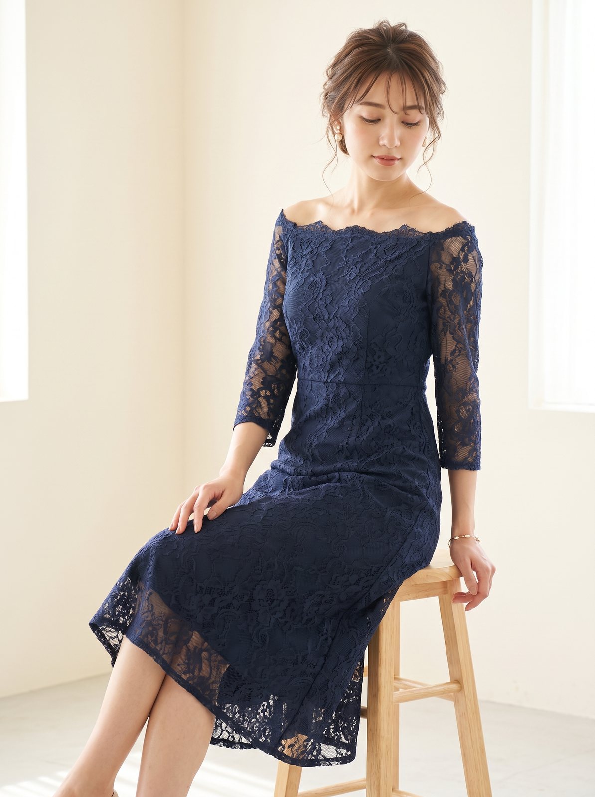 オフショルダー総レース パーティードレス（ネイビー・ブルー系・Lサイズ）| 名古屋のレンタルドレス24DRESS