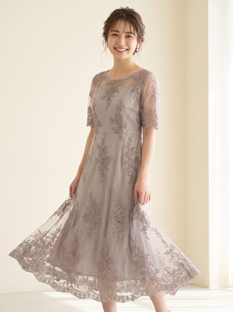 刺繍チュール フレアミディドレス(ホワイト・グレー系・Lサイズ)| 名古屋のレンタルドレス24DRESS