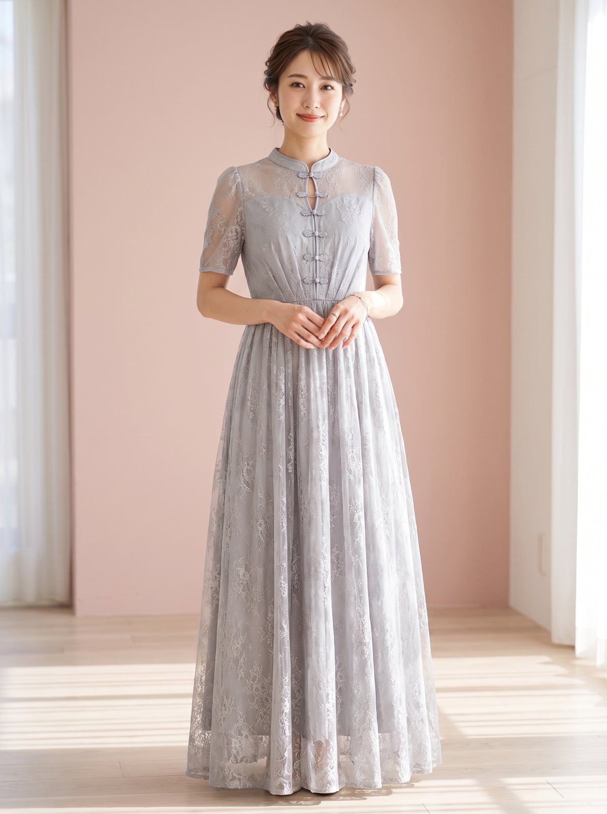 チャイナボタン 総レースロングドレス(ネイビー・ブルー系・Lサイズ)| 名古屋のレンタルドレス24DRESS