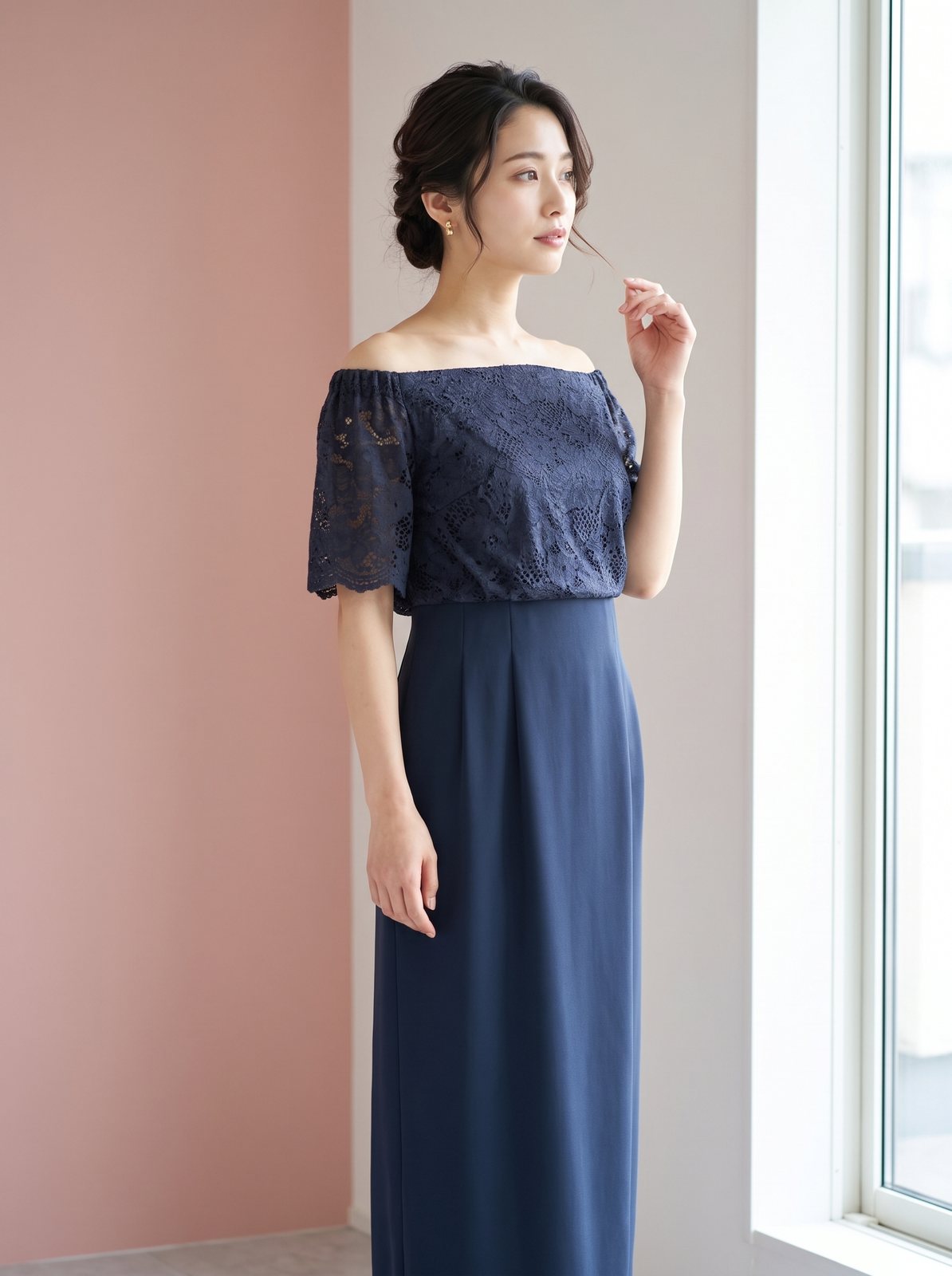 オフショルダーレース セットアップ風ドレス(ネイビー・ブルー系・Lサイズ)| 名古屋のレンタルドレス24DRESS