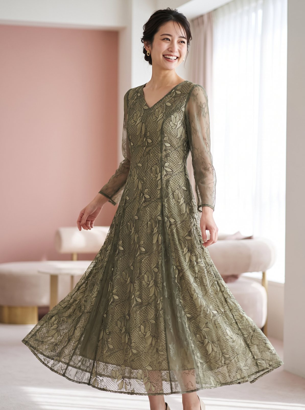 リーフ刺繍レース フレアロングドレス(グリーン系・Sサイズ)| 名古屋のレンタルドレス24DRESS