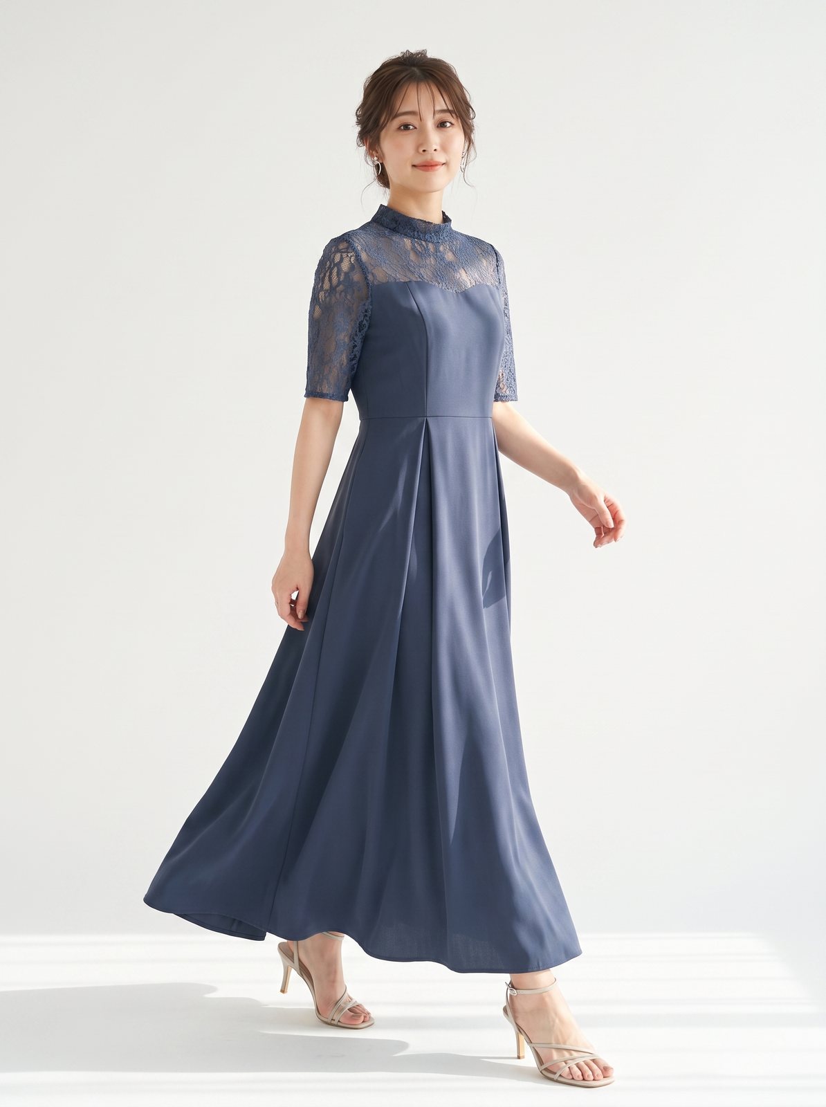 スタンドカラーレース タックフレアドレス（ネイビー・ブルー系・Lサイズ）| 名古屋のレンタルドレス24DRESS