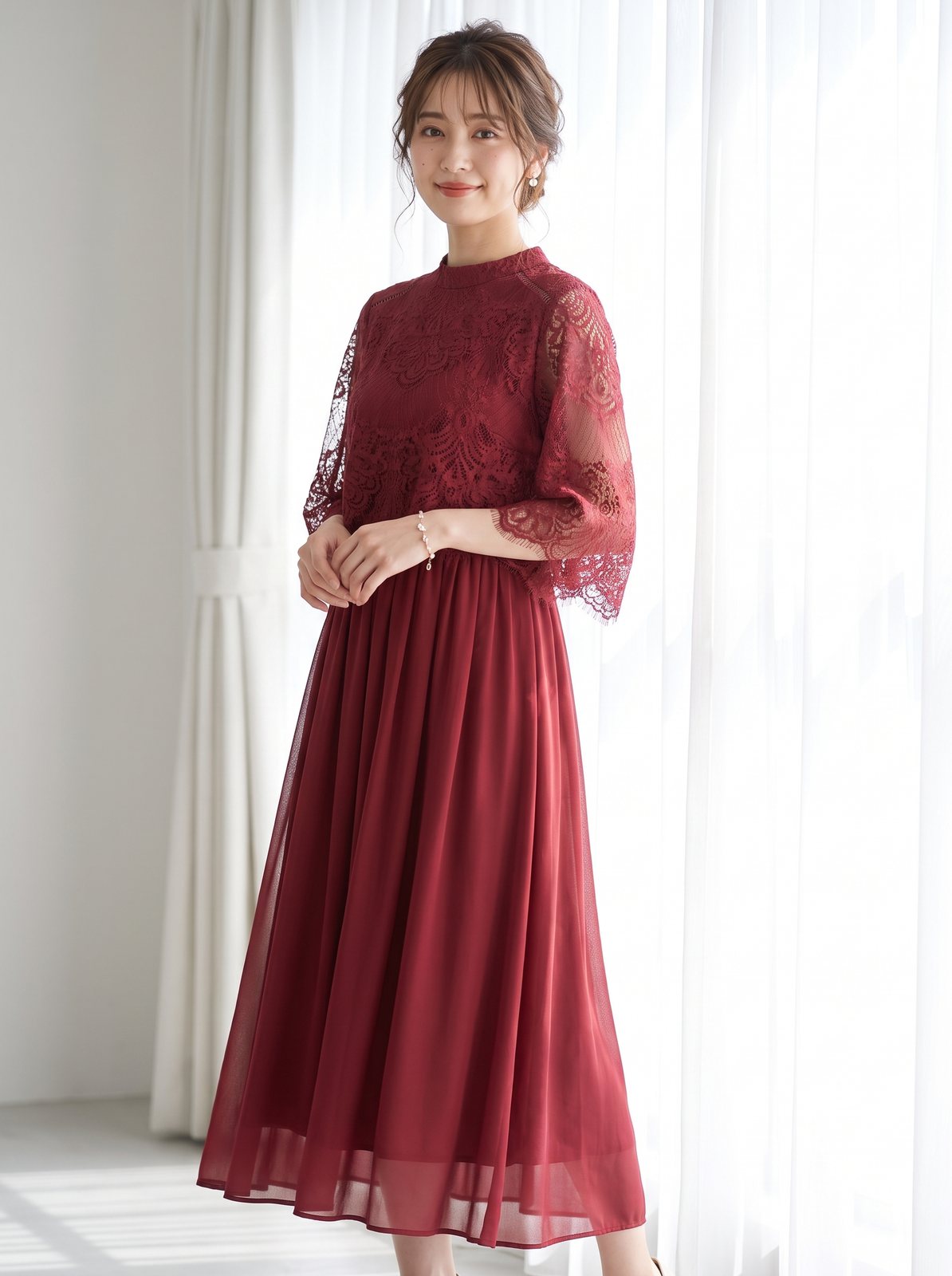 レースブラウス風 シフォンロングドレス(レッド・ピンク系・Sサイズ)| 名古屋のレンタルドレス24DRESS