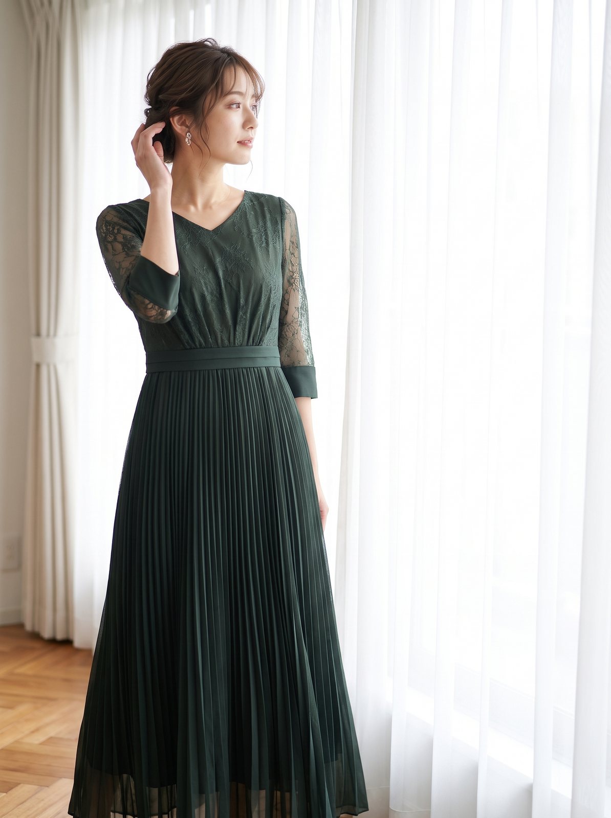 レース切り替え プリーツロングドレス(グリーン系・Sサイズ)| 名古屋のレンタルドレス24DRESS