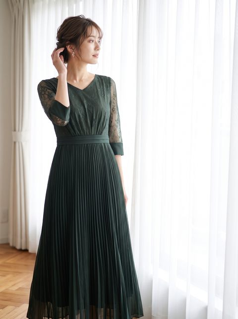レース切り替え プリーツロングドレス（グリーン系・Sサイズ）| 名古屋のレンタルドレス24DRESS