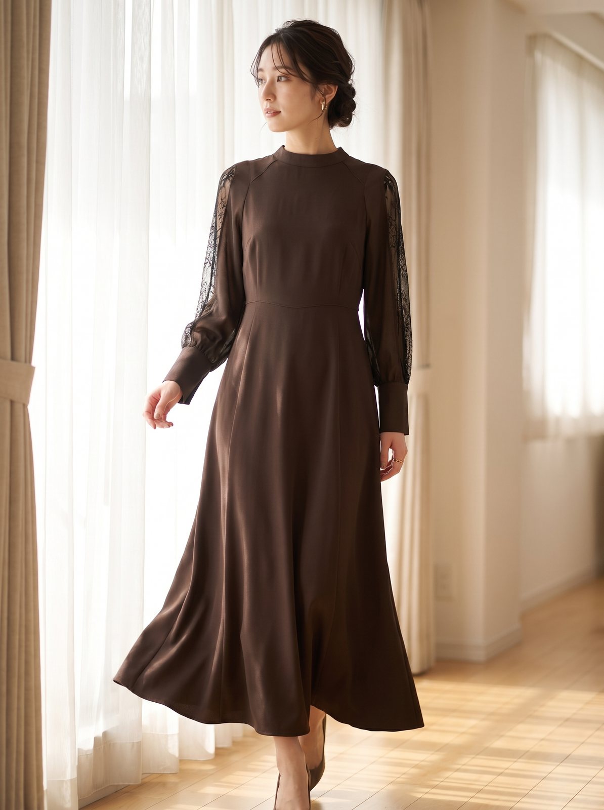 スタンドカラー 袖レースフレアドレス(ブラウン・ベージュ系・Lサイズ)| 名古屋のレンタルドレス24DRESS