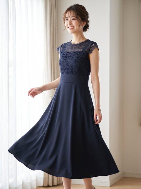 クロシェレース フレアパーティードレス（ネイビー・ブルー系・Sサイズ）| 名古屋のレンタルドレス24DRESS