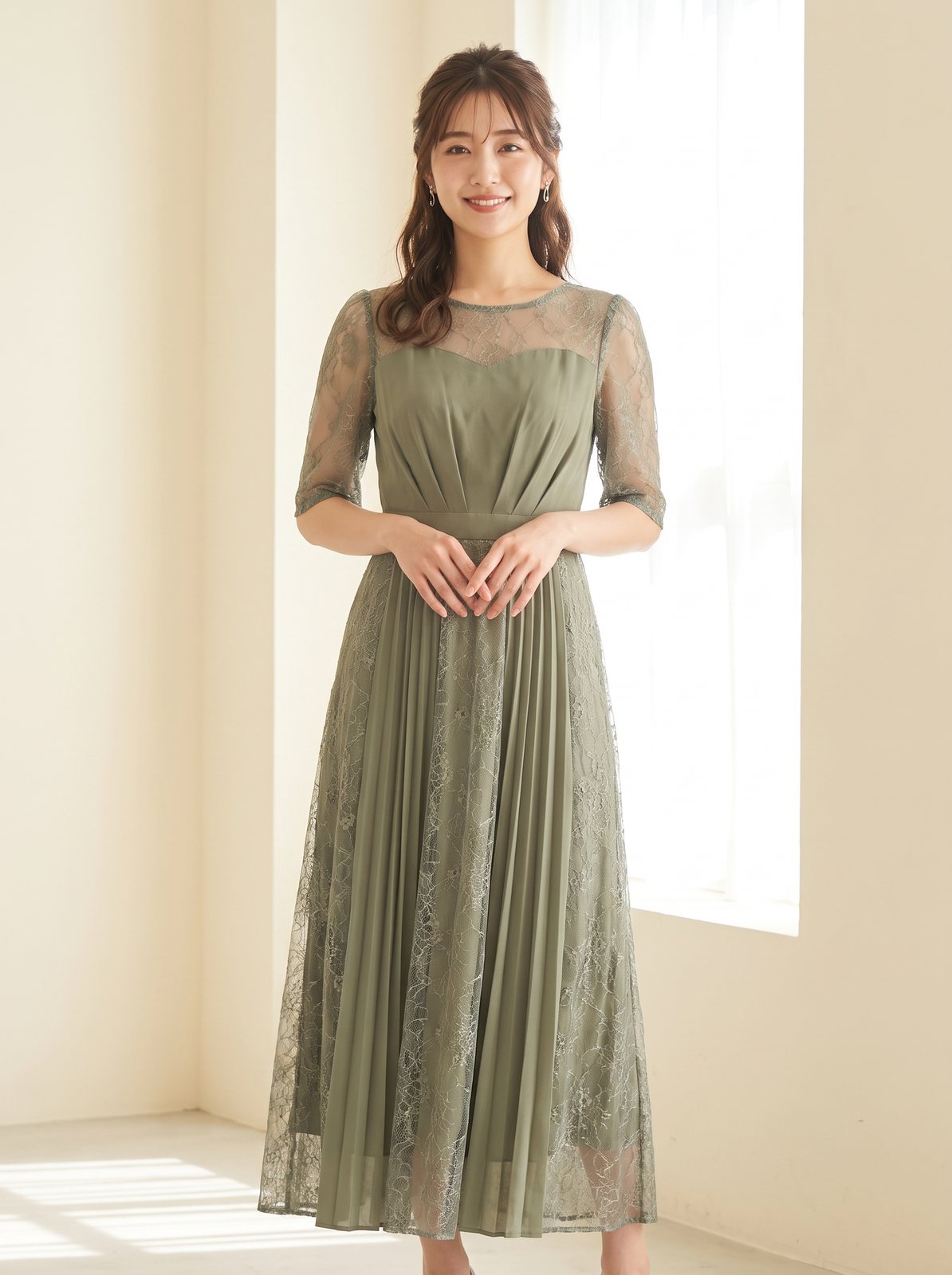 レース切り替え プリーツミディドレス(グリーン系・Lサイズ)| 名古屋のレンタルドレス24DRESS