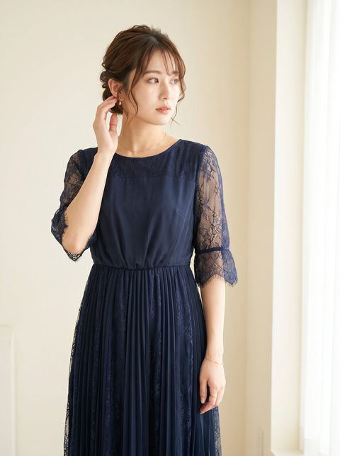 レーススリーブ プリーツロングドレス（ネイビー・ブルー系・Mサイズ）| 名古屋のレンタルドレス24DRESS