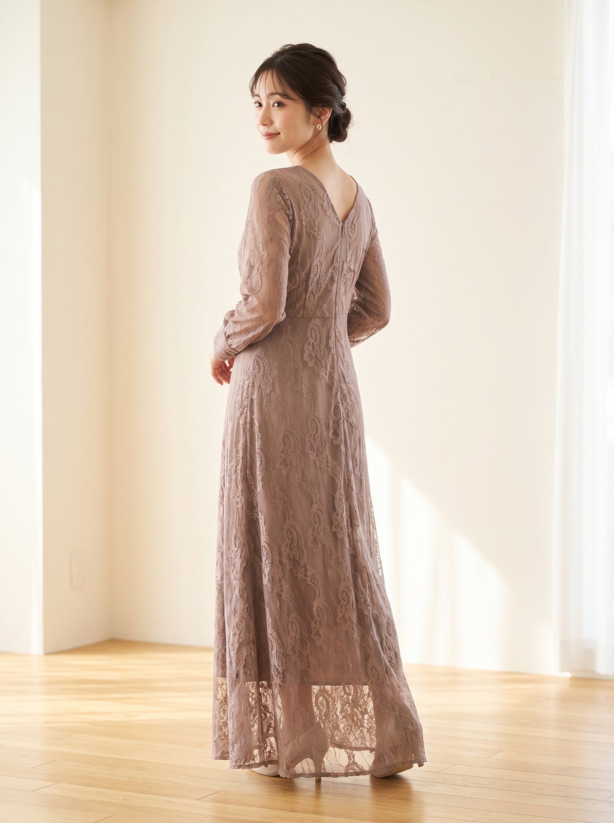 総レース 長袖ロングパーティードレス(レッド・ピンク系・Lサイズ)| 名古屋のレンタルドレス24DRESS