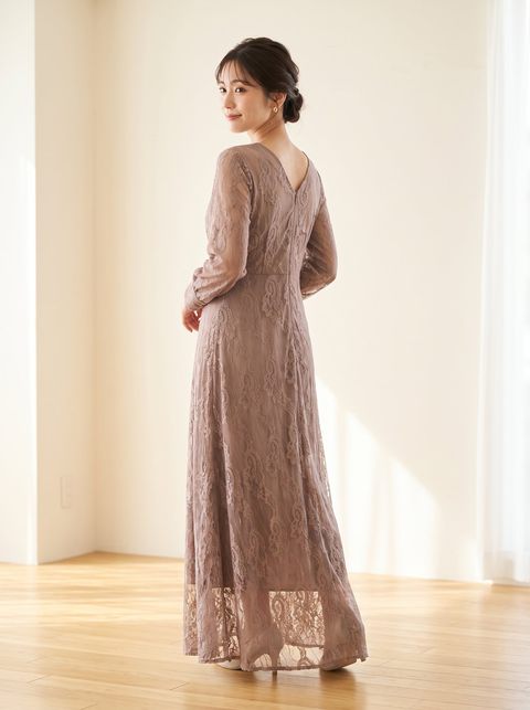総レース 長袖ロングパーティードレス（レッド・ピンク系・Lサイズ）| 名古屋のレンタルドレス24DRESS