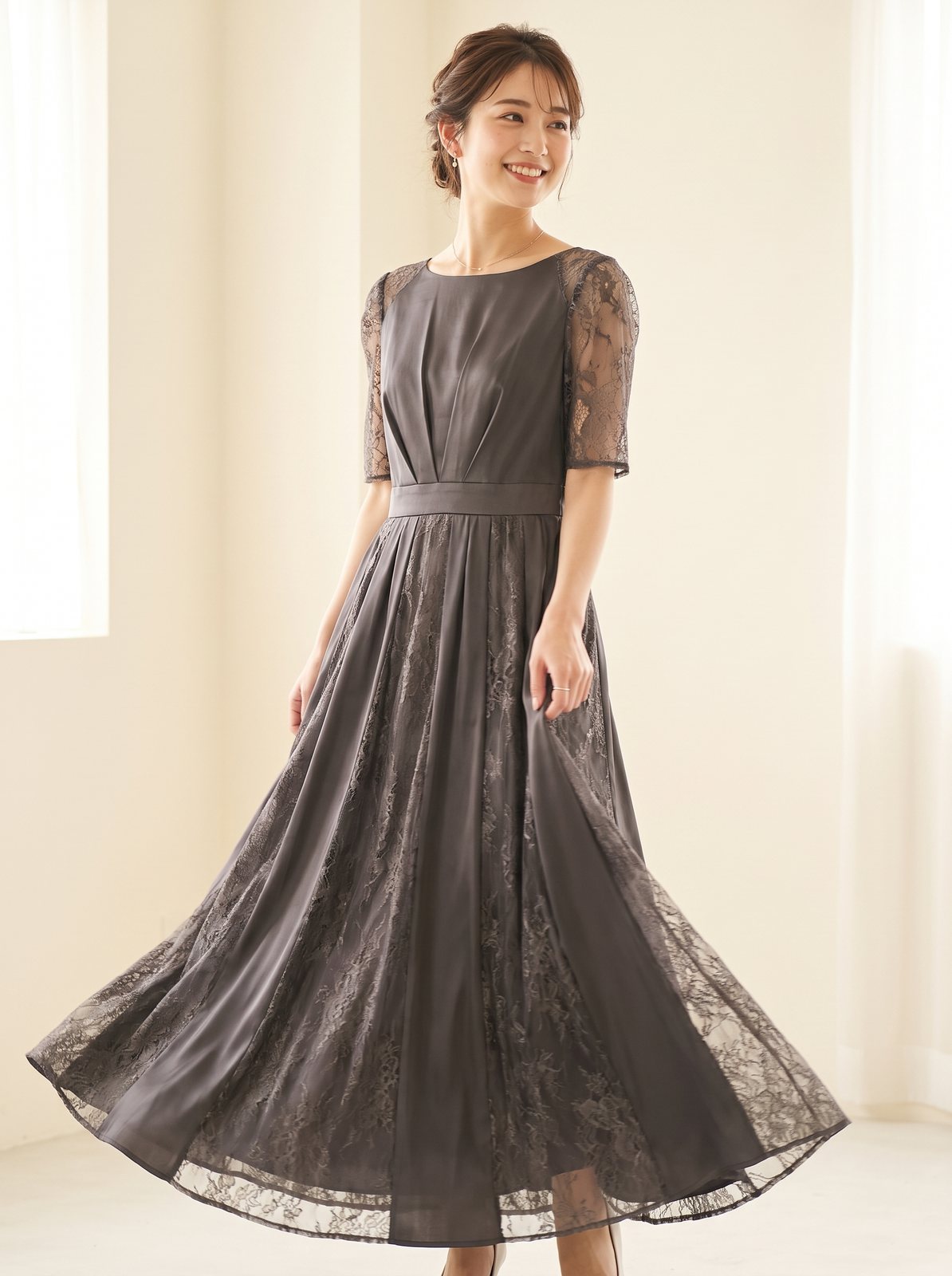 レース切り替え フレアロングドレス（レッド・ピンク系・Sサイズ）| 名古屋のレンタルドレス24DRESS