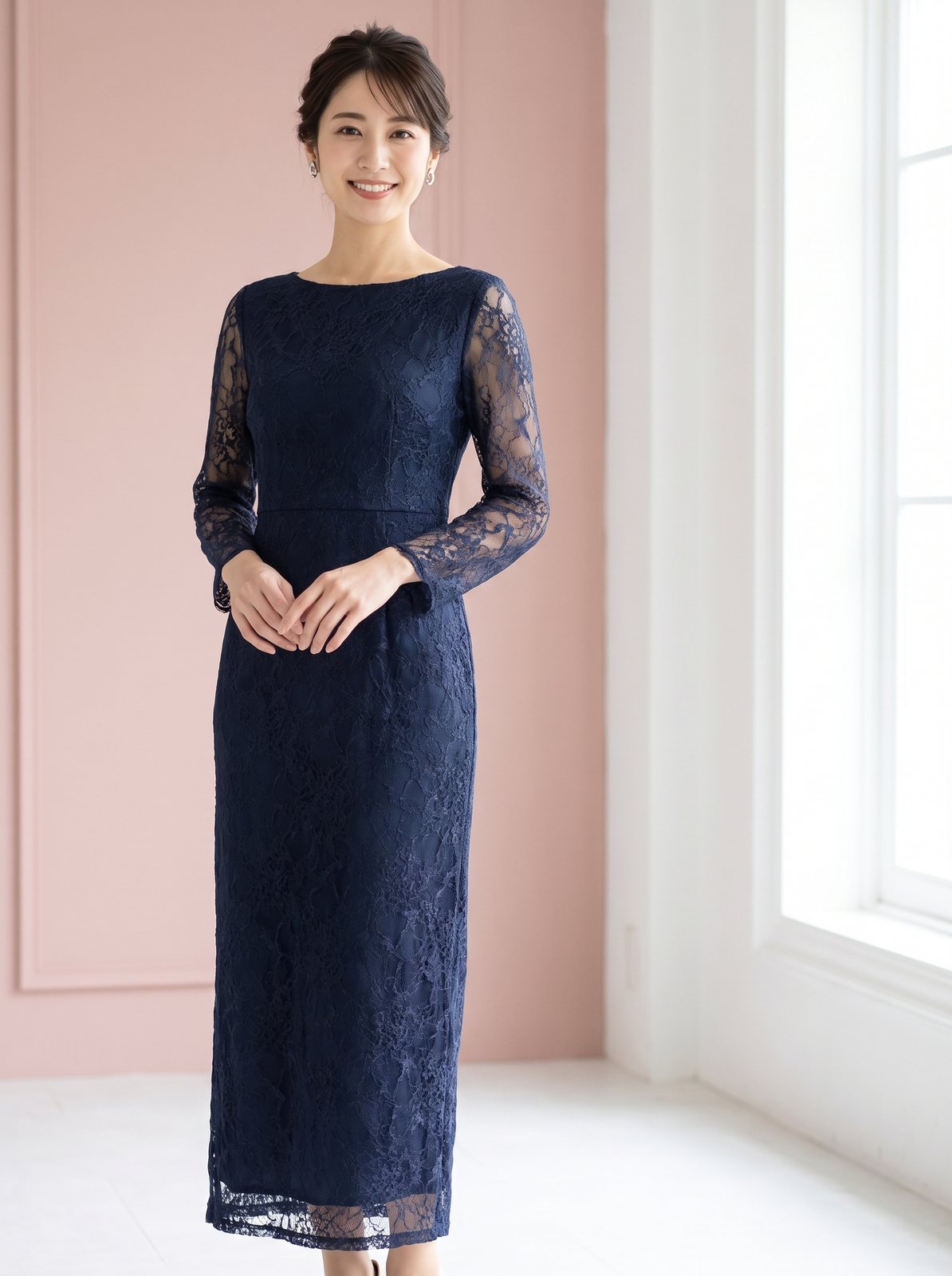 総レース タイトミディパーティードレス（ネイビー・ブルー系・Sサイズ）| 名古屋のレンタルドレス24DRESS
