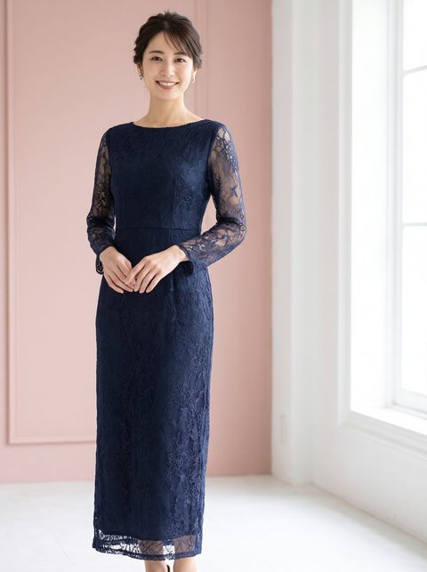 総レース タイトミディパーティードレス(ネイビー・ブルー系・Sサイズ)| 名古屋のレンタルドレス24DRESS
