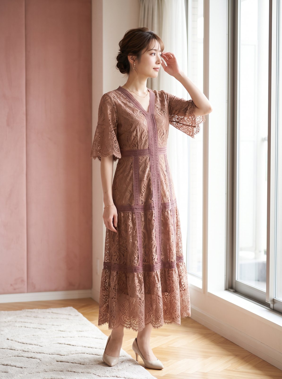 配色レース ティアードパーティードレス（レッド・ピンク系・Sサイズ）| 名古屋のレンタルドレス24DRESS