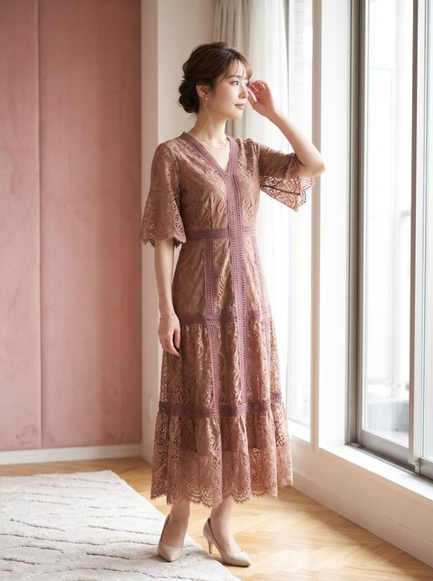 配色レース ティアードパーティードレス(レッド・ピンク系・Sサイズ)| 名古屋のレンタルドレス24DRESS