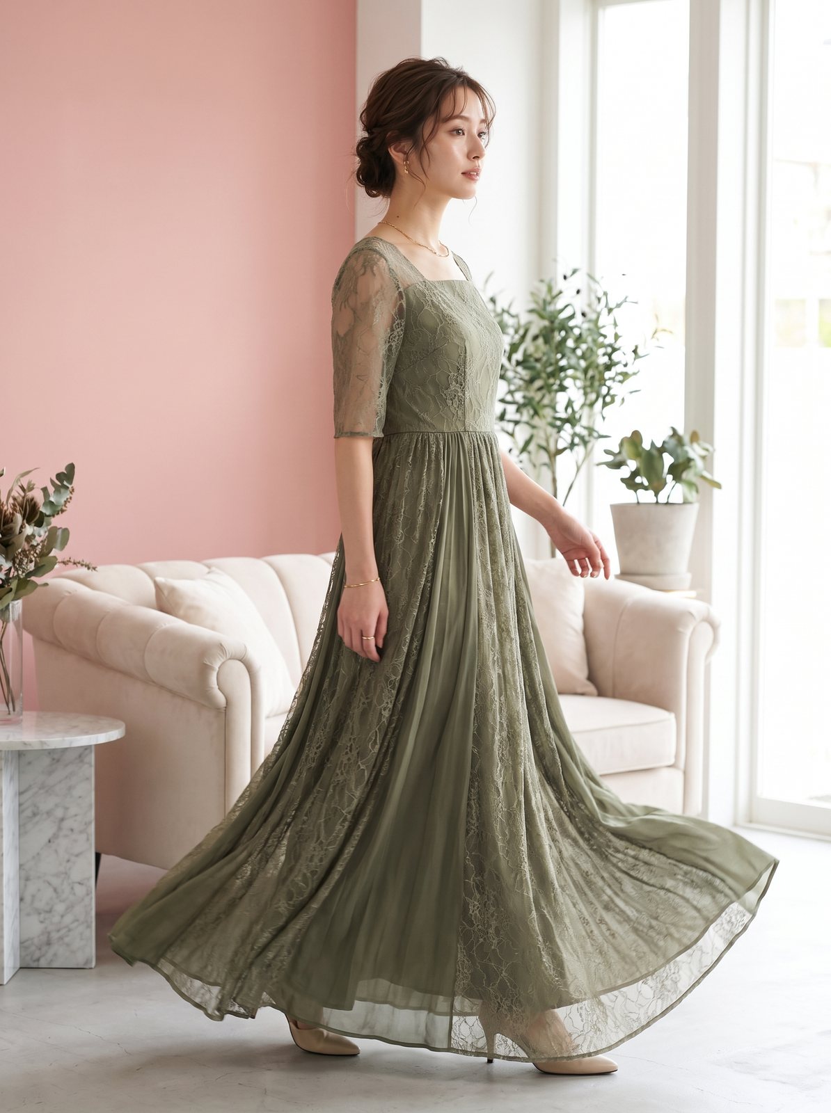 スクエアネック レースフレアロングドレス（グリーン系・XLサイズ）| 名古屋のレンタルドレス24DRESS