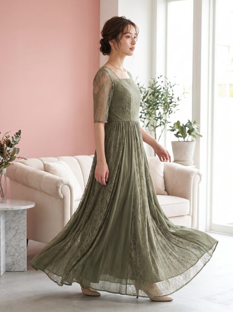 スクエアネック レースフレアロングドレス（グリーン系・XLサイズ）| 名古屋のレンタルドレス24DRESS