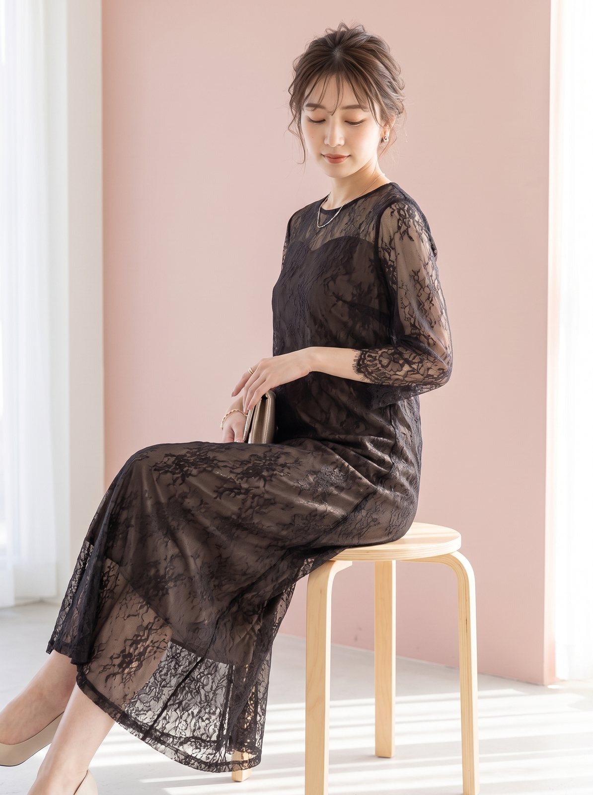 総レース Iラインパーティードレス(レッド・ピンク系・Sサイズ)| 名古屋のレンタルドレス24DRESS