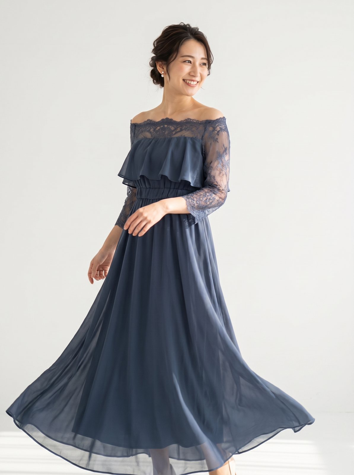 オフショルダー風レース シフォンドレス(ネイビー・ブルー系・Sサイズ)| 名古屋のレンタルドレス24DRESS