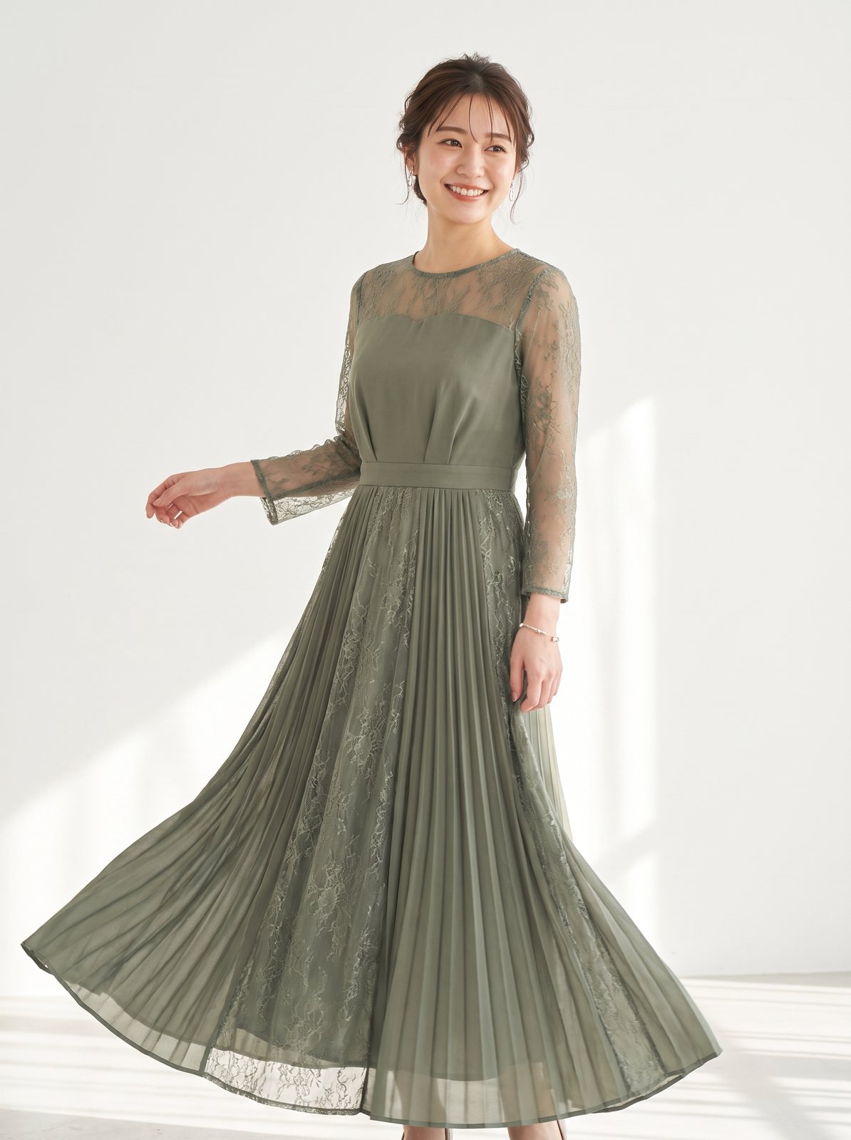 シアースリーブ プリーツロングドレス(グリーン系・XLサイズ)| 名古屋のレンタルドレス24DRESS