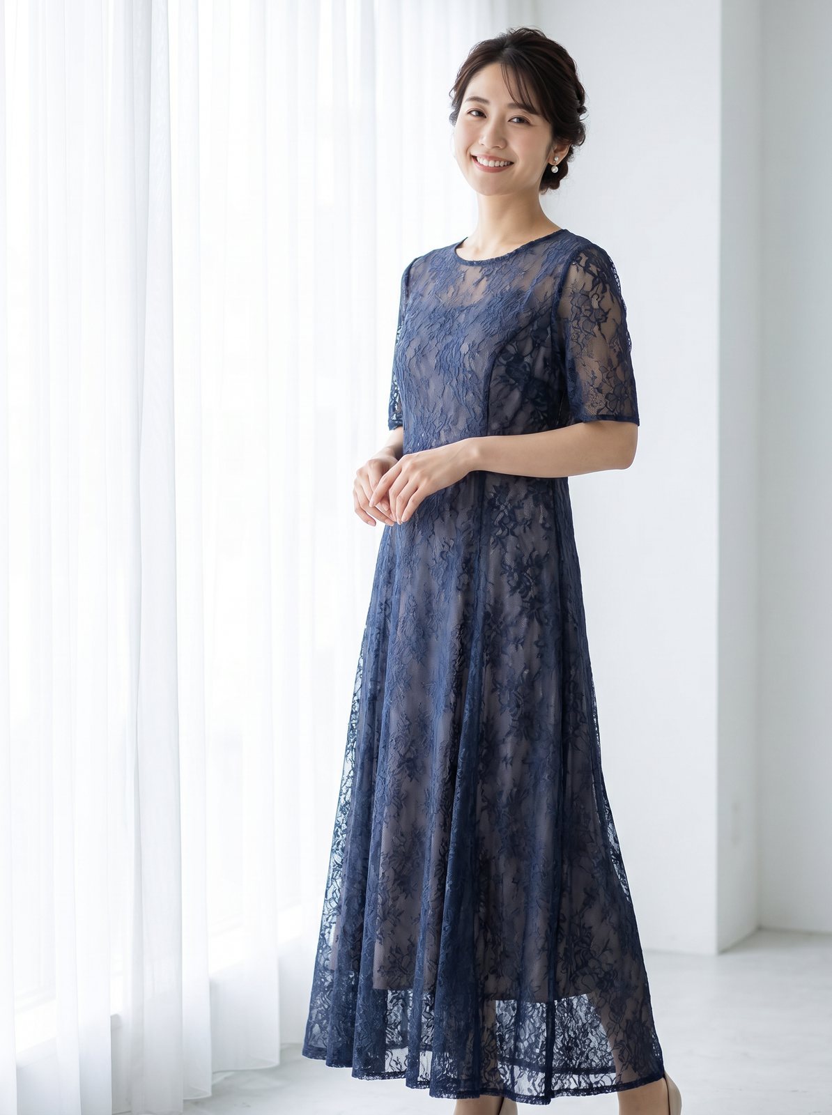 総レースワンピース・パーティードレス(ネイビー・ブルー系・Lサイズ)| 名古屋のレンタルドレス24DRESS