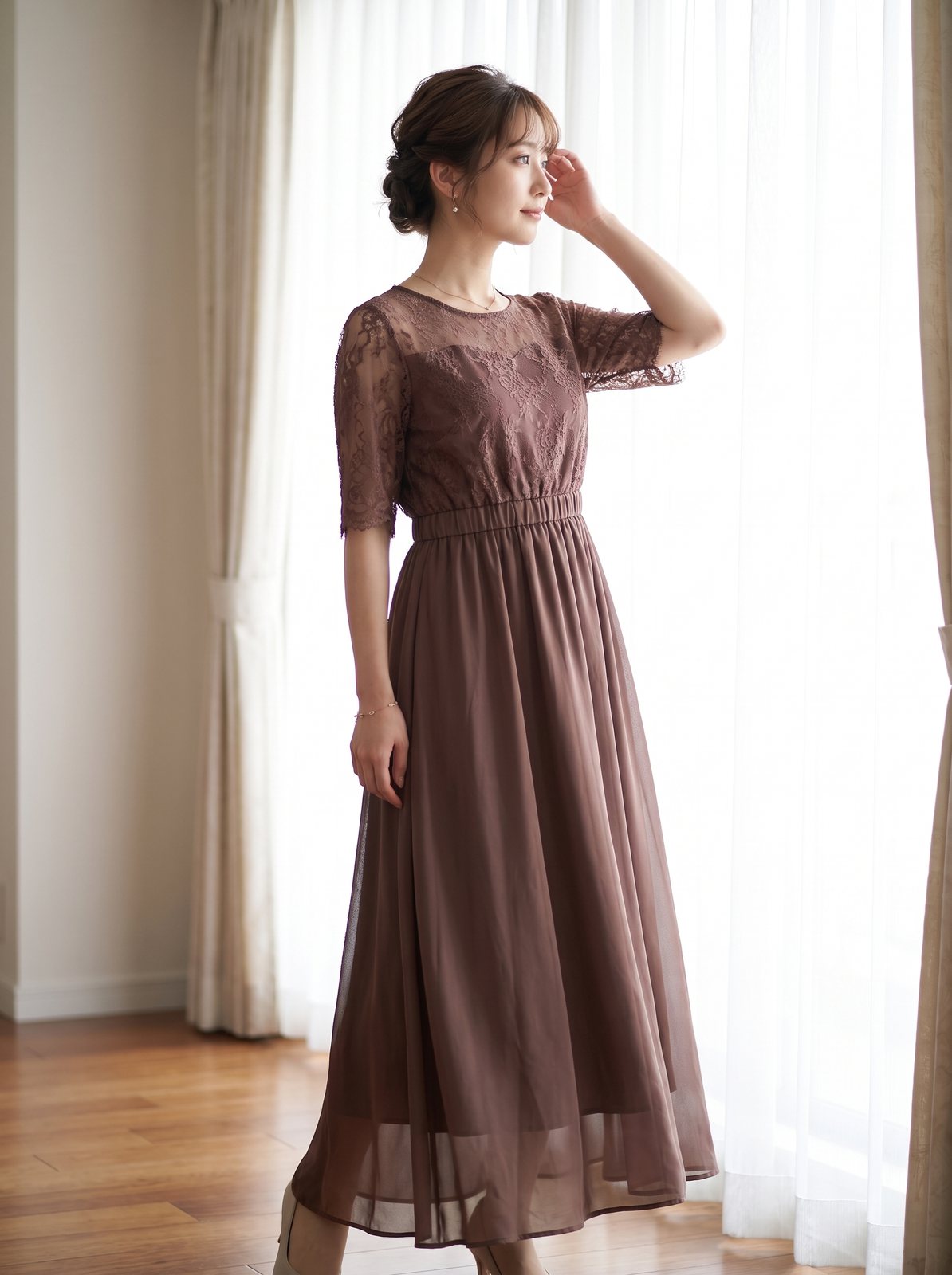 レースビスチェ風 シフォンロングドレス(レッド・ピンク系・Sサイズ)| 名古屋のレンタルドレス24DRESS