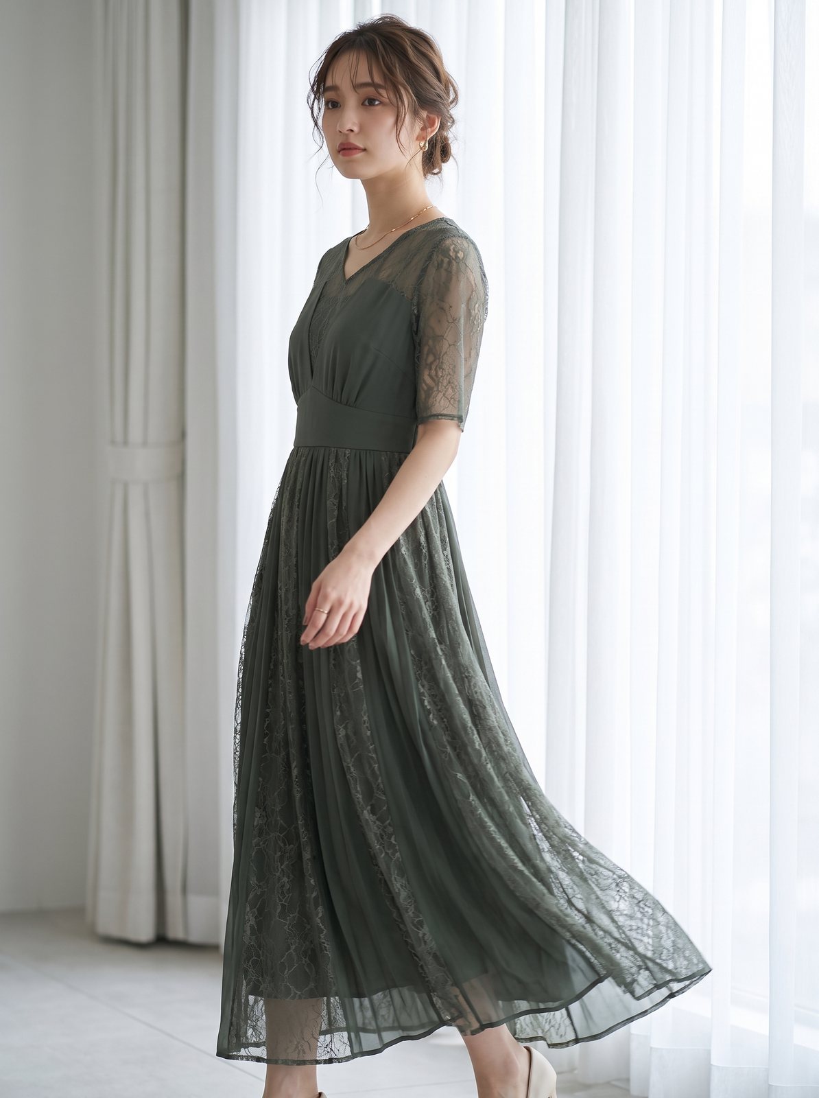 シフォン切り替えレース パーティードレス(グリーン系・Mサイズ)| 名古屋のレンタルドレス24DRESS