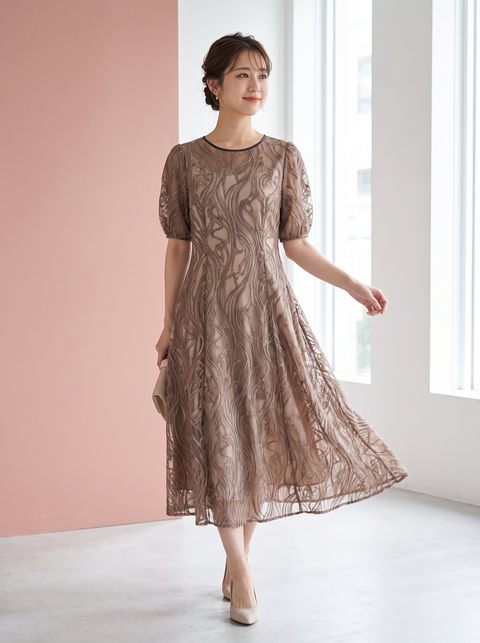 うねり刺繍シアー フレアパーティードレス(ブラウン・ベージュ系・Mサイズ)| 名古屋のレンタルドレス24DRESS